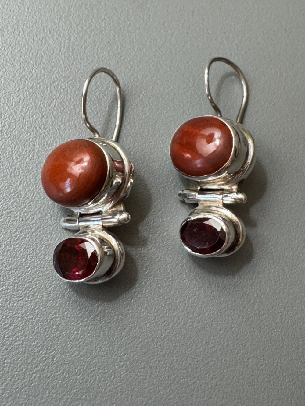Artisan Crafted Carnelian and Garnet Handcrafted Vintage Dangle Earrings .925